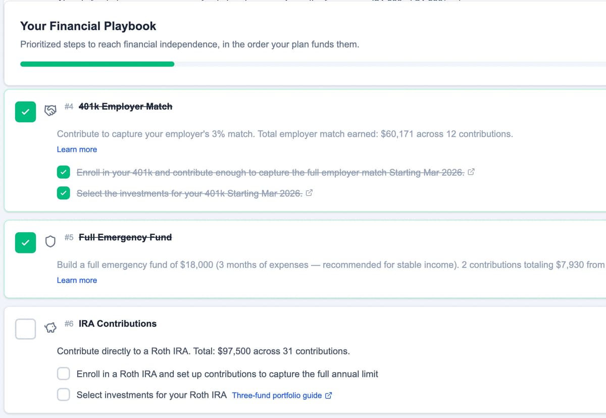Prioritized action checklist with 401k, IRA, and debt payoff steps in optimal order